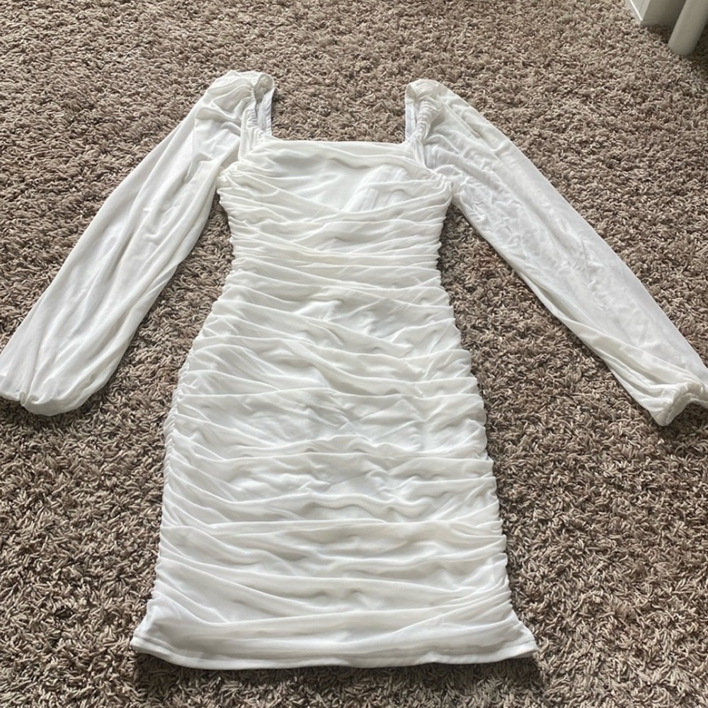 Windsor White Ruched Bodycon Dress with Bishop Sleeves